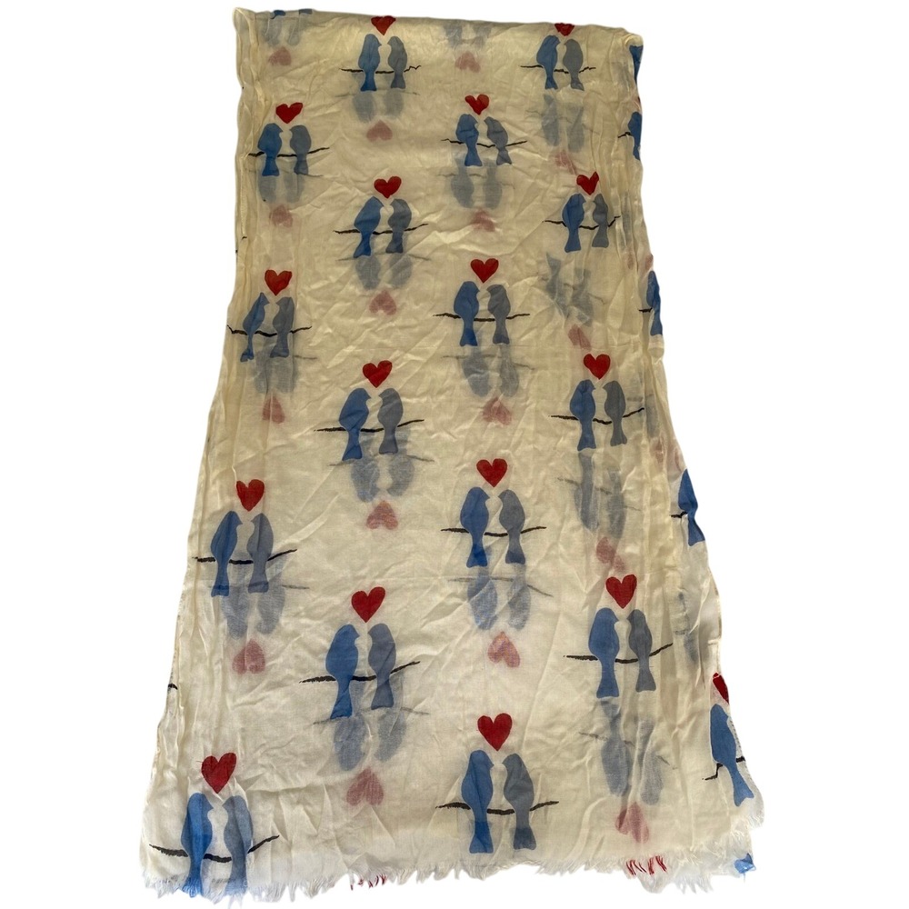 Coldwater Creek Cream Blue Lovebirds Red Hearts Frayed Fringe Lightweight Scarf